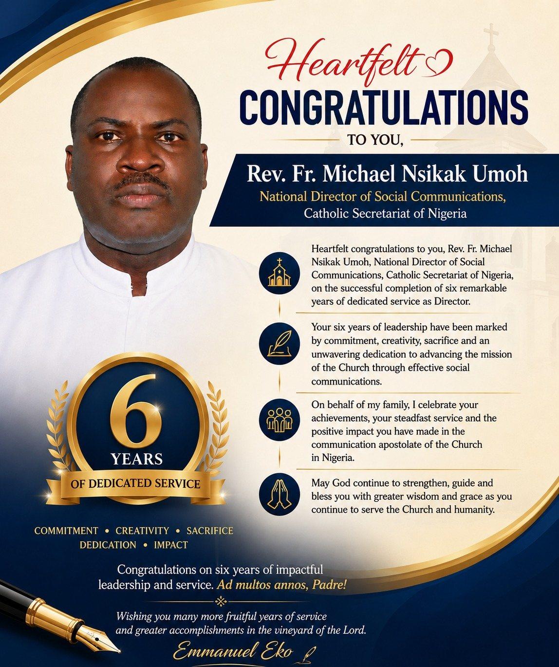 Congratulations card: six years of dedicated service as National Director of Social Communications
